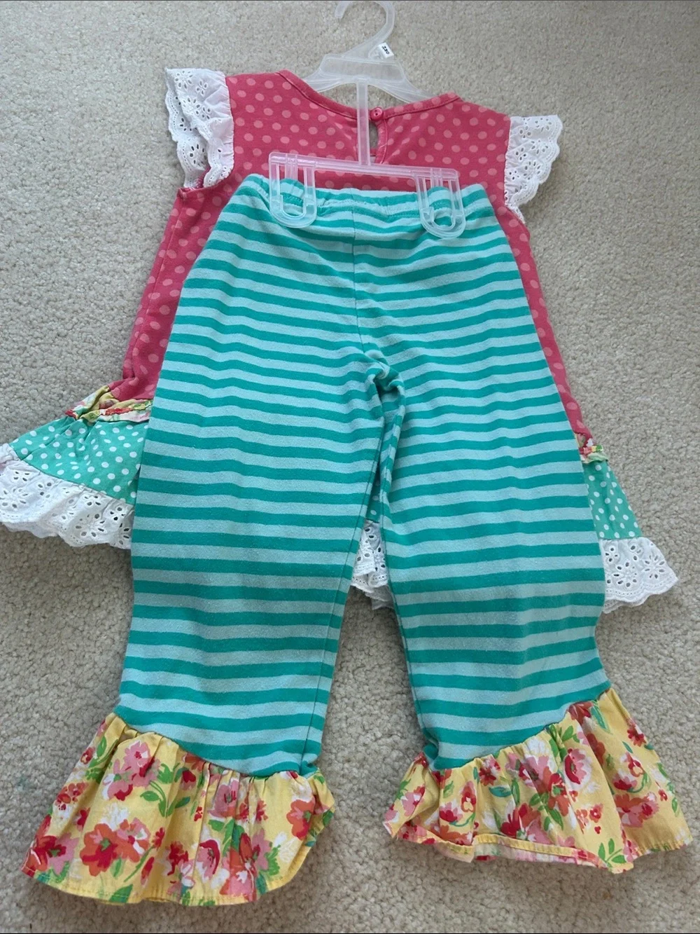 Girls 4t two piece outfit set giraffe lace trim polka dots floral flowers